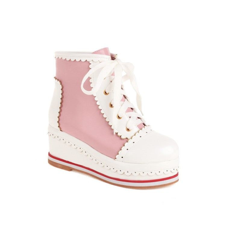 Women's Candy Color Lace Up Wedge Heel Platform Short Boots