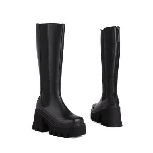 Women's Pu Leather Stitching Patchwork Block Heel Platform Knee High Boots