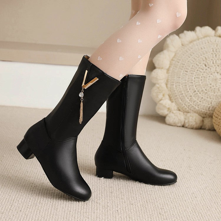 Women's  Tassel Low Heel Mid Calf Boots