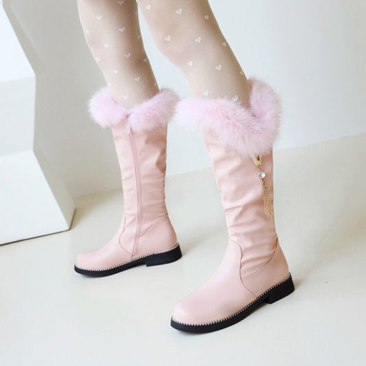 Women's  Zipper Fur Low Heel Mid Calf Boots