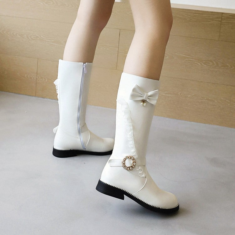 Women's  Rhinestone Pearl Low Heel Mid Calf Boots