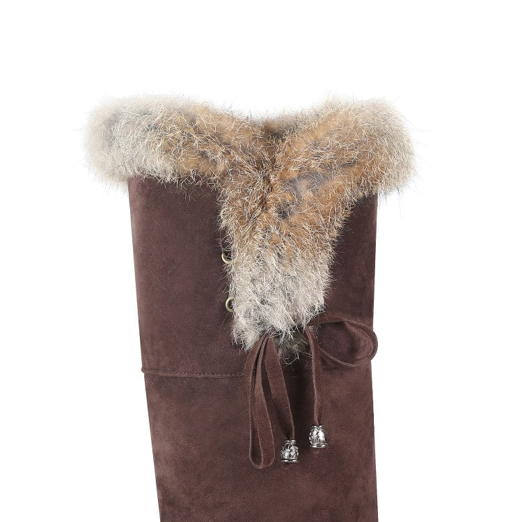 Women's Suede Stitching Patchwork Side Tied Fur Flat Knee High Boots