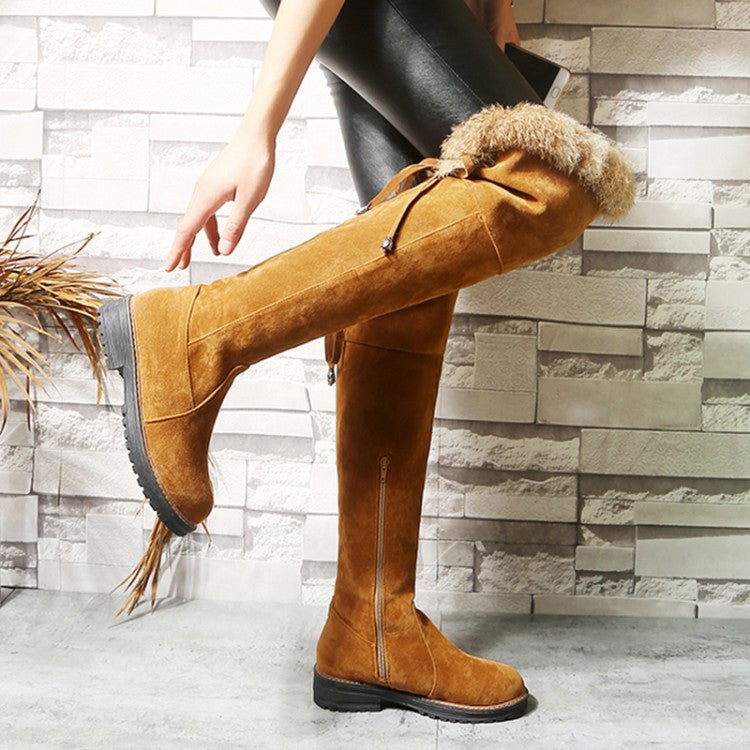 Women's Suede Patchwork Back Tied Fur Low Heel Knee High Boots