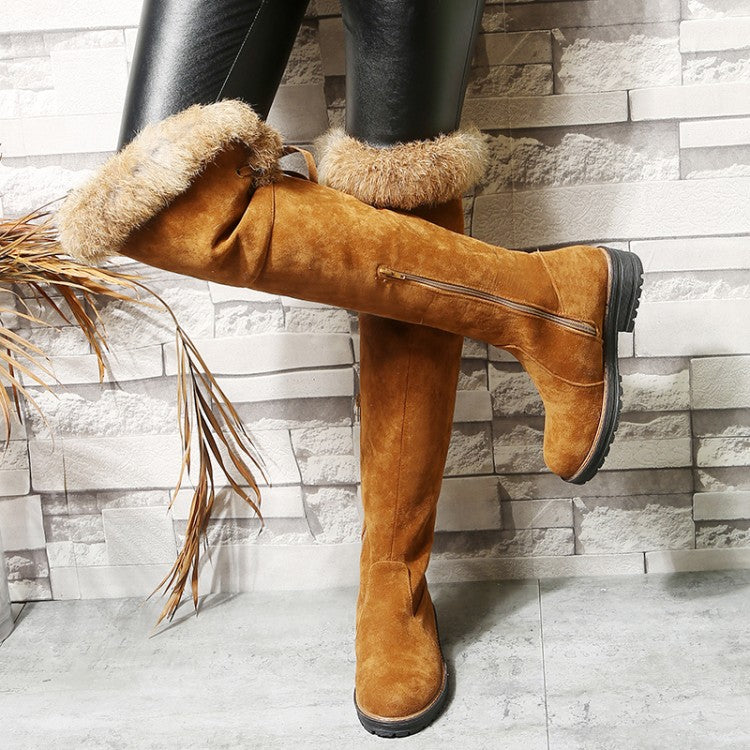 Women's Suede Patchwork Back Tied Fur Low Heel Knee High Boots