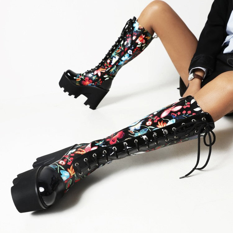 Women's Flora Patchwork Lace Up Chunky Heel Platform Knee High Boots