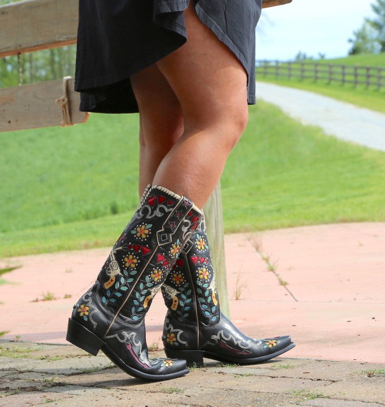 Women's Ethnic Embroidery Puppy Heel Cowboy Mid Calf Boots