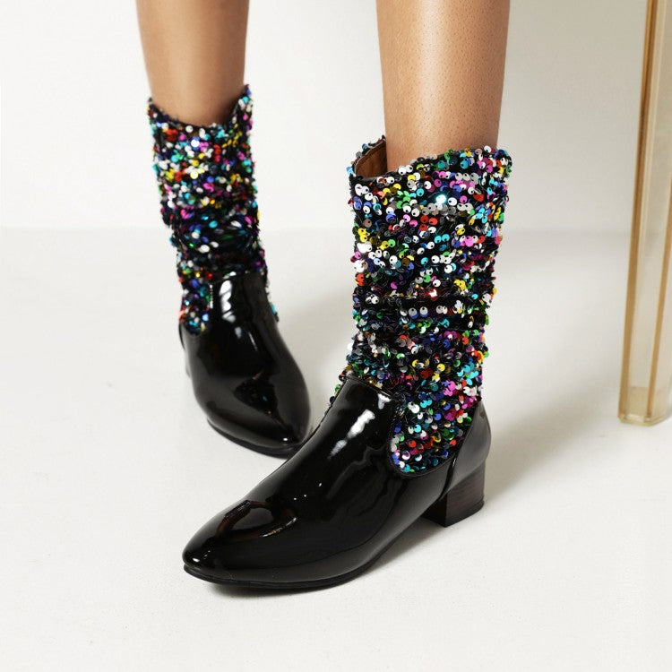 Women's Glossy Pointed Toe Sequins Patchwork Square Heel Mid Calf Boots