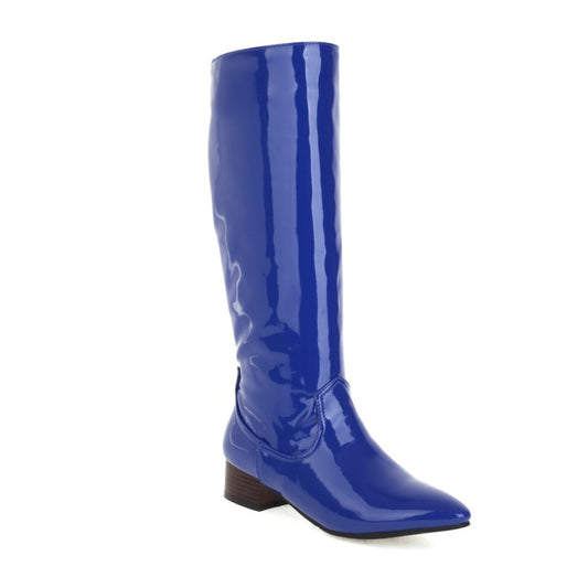 Women's Glossy Pointed Toe Puppy Heel Knee High Boots