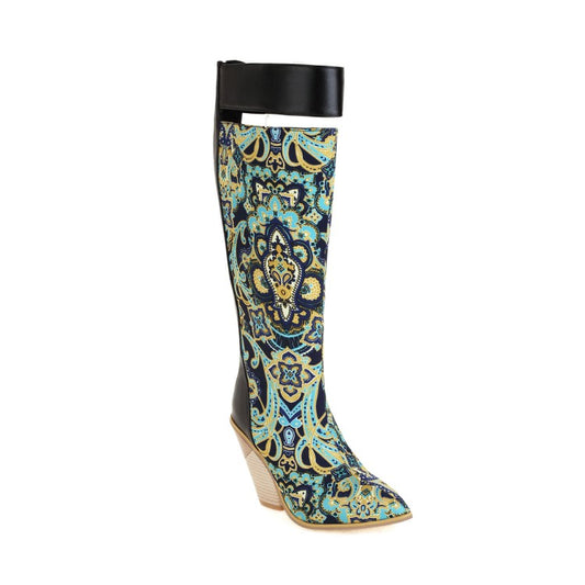 Women's Bohemia Pointed Toe Block Heel Knee High Boots