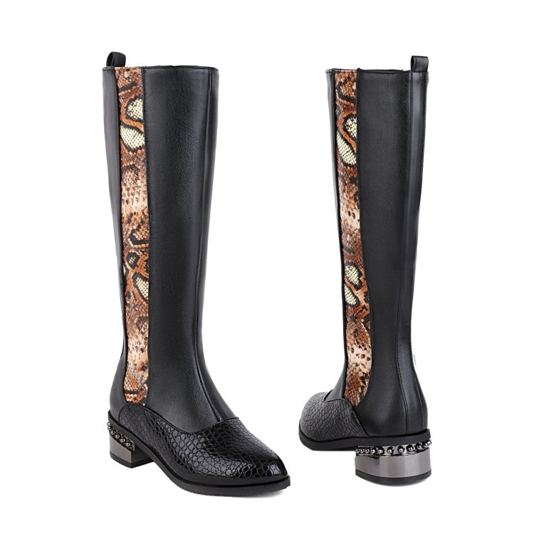 Women's Snake Printed Patchwork Side Zippers Puppy Heel Knee High Boots