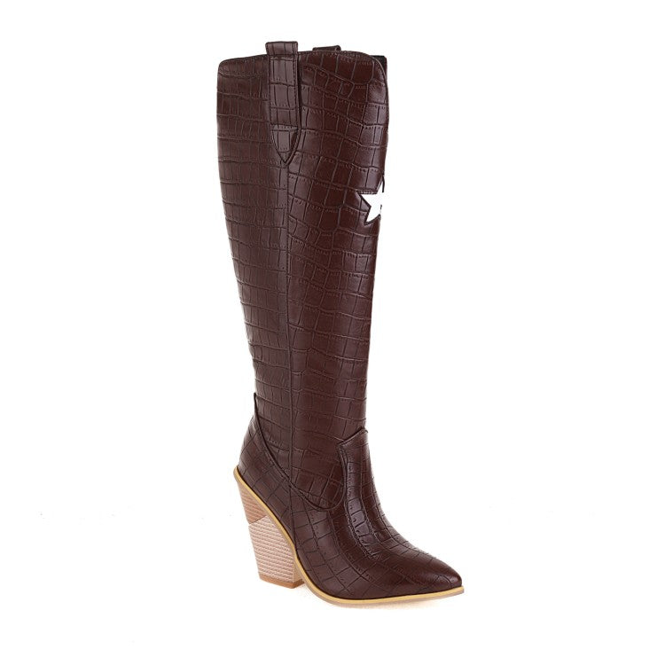 Women's Stars Pattern Pointed Toe Side Zippers Chunky Heel Knee High Boots
