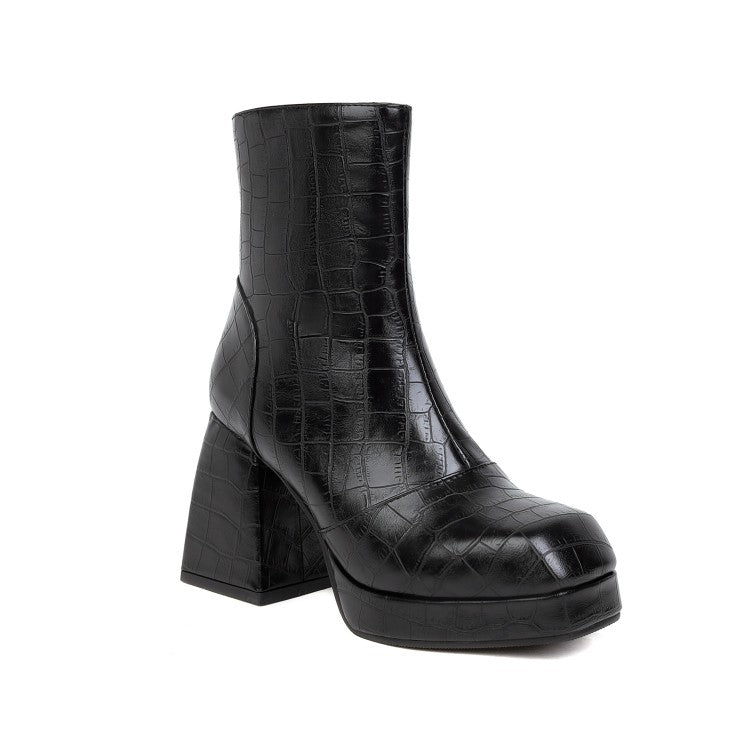 Women's Pattern Pu Leather Square Toe Side Zippers Block Heel Platform Short Boots