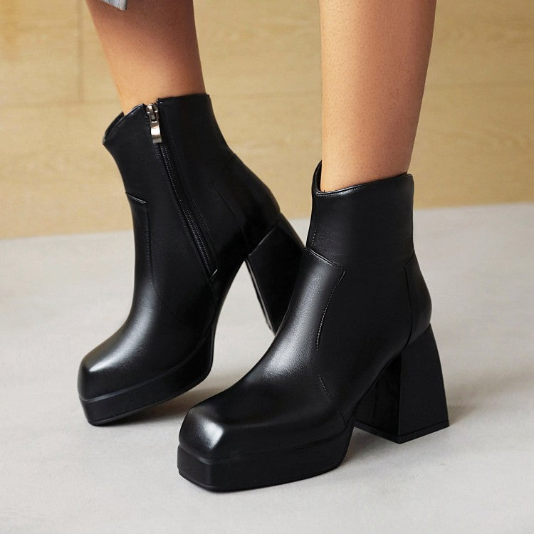 Women's Pu Leather Stitching Side Zippers Block Heel Platform Short Boots