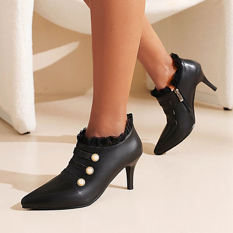 Pointed Toe Lace Pearl Women's High Heels Thin Heel Shoes