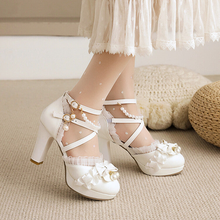 Women's Lolita Lace Pearls Butterfly Knot Chunky Heel Platform Sandals