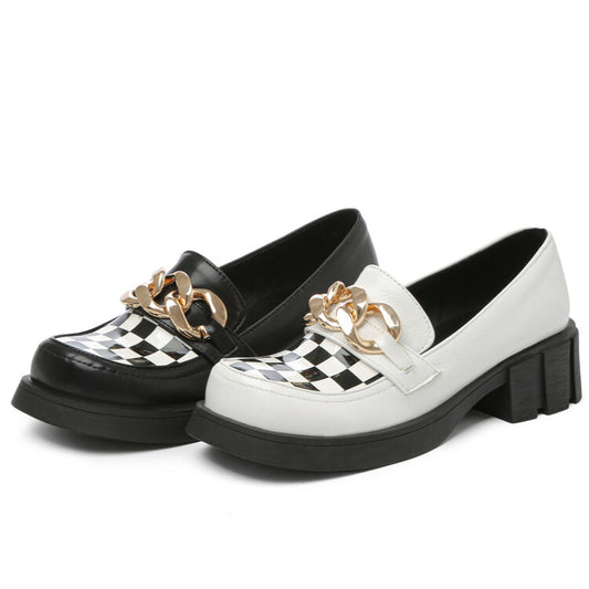 Women's Square Toe Bicolor Chains Block Heel Loafers