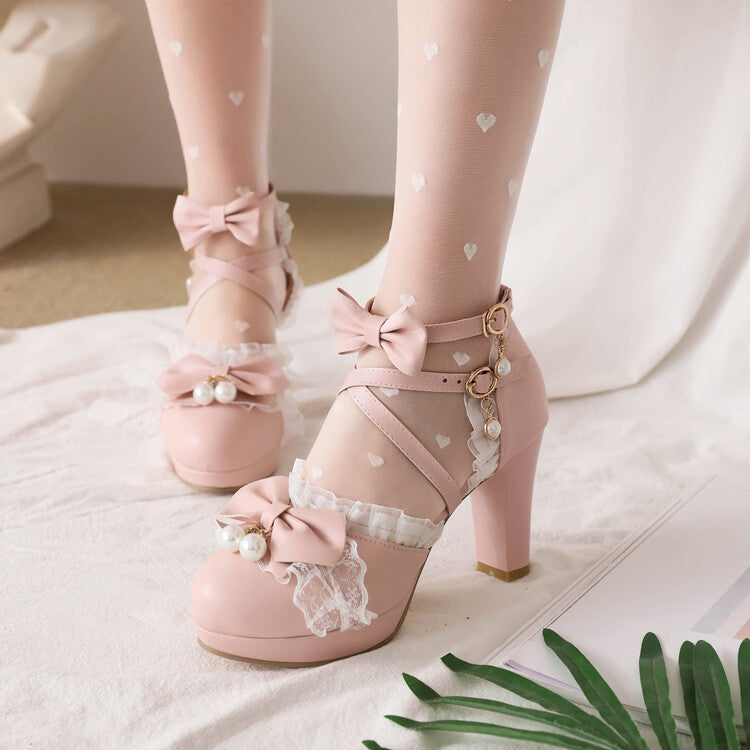 Women's Lolita Pearls Lace Butterfly Knot Chunky Heel Platform Sandals