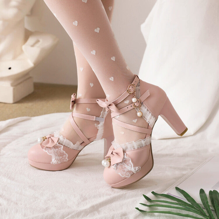 Women's Lolita Pearls Lace Butterfly Knot Chunky Heel Platform Sandals