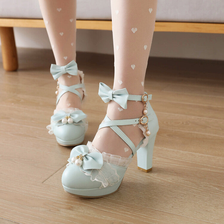 Women's Lolita Pearls Lace Butterfly Knot Chunky Heel Platform Sandals