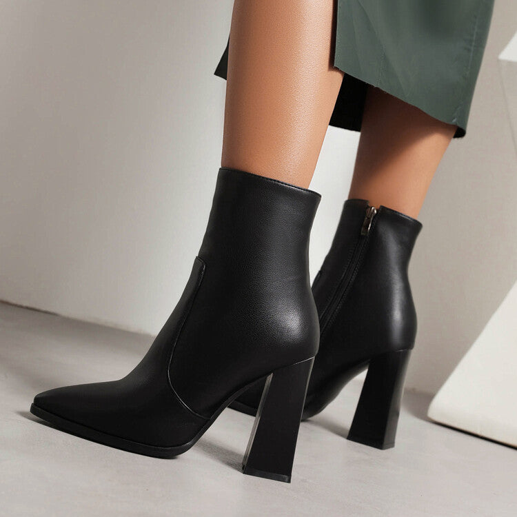 Women's Pu Leather Pointed Toe Stitching Side Zippers Chunky Heel Short Boots
