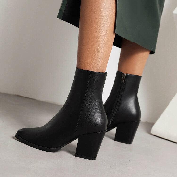 Women's Pu Leather Pointed Toe Side Zippers Chunky High Heel Short Boots