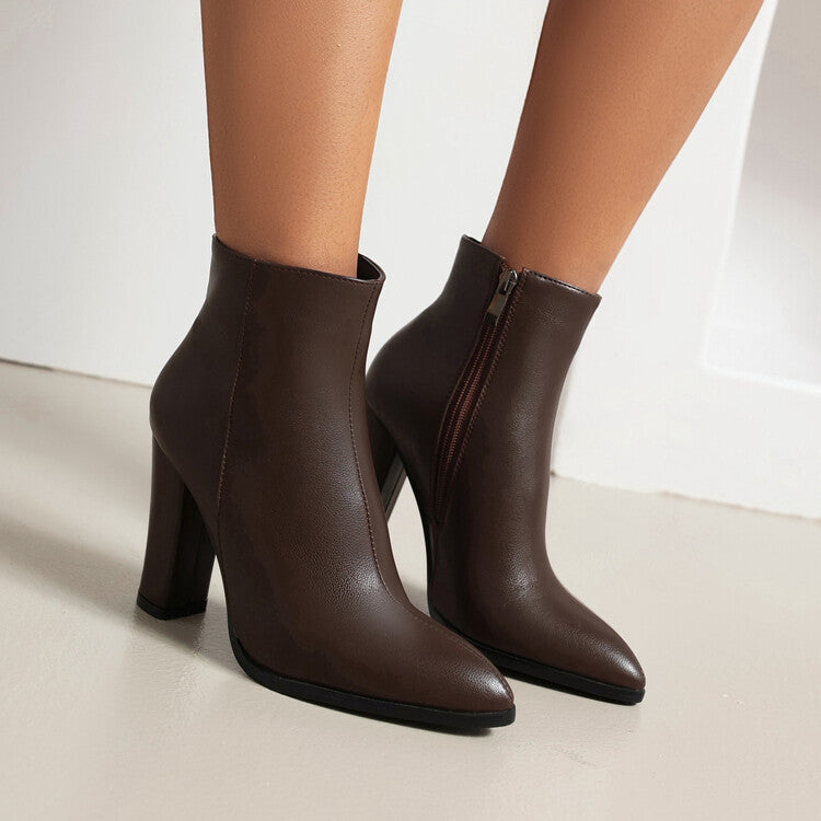 Women's Pu Leather Pointed Toe Side Zippers Chunky Heel Short Boots