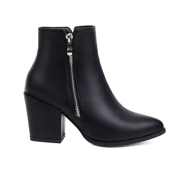 Women's Pu Leather Pointed Toe Side Zippers Block Heel Short Boots