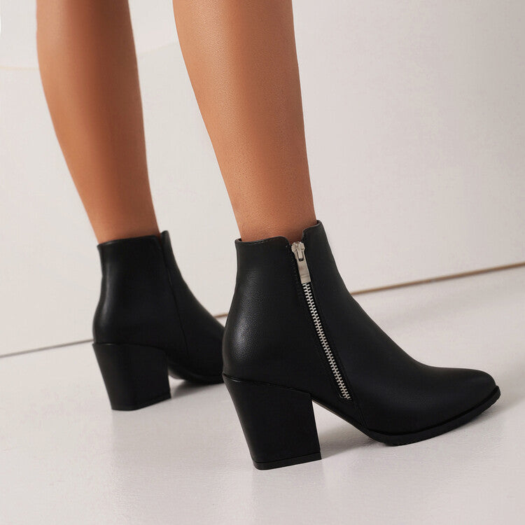 Women's Pu Leather Pointed Toe Side Zippers Block Heel Short Boots