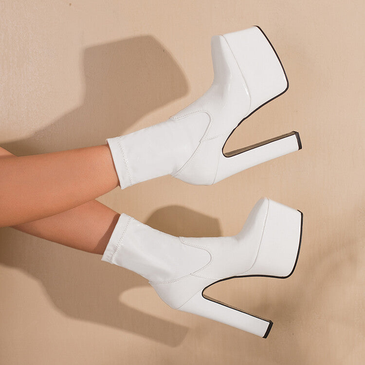 Women's Glossy Square Toe Stitching Chunky Heel Platform Short Boots