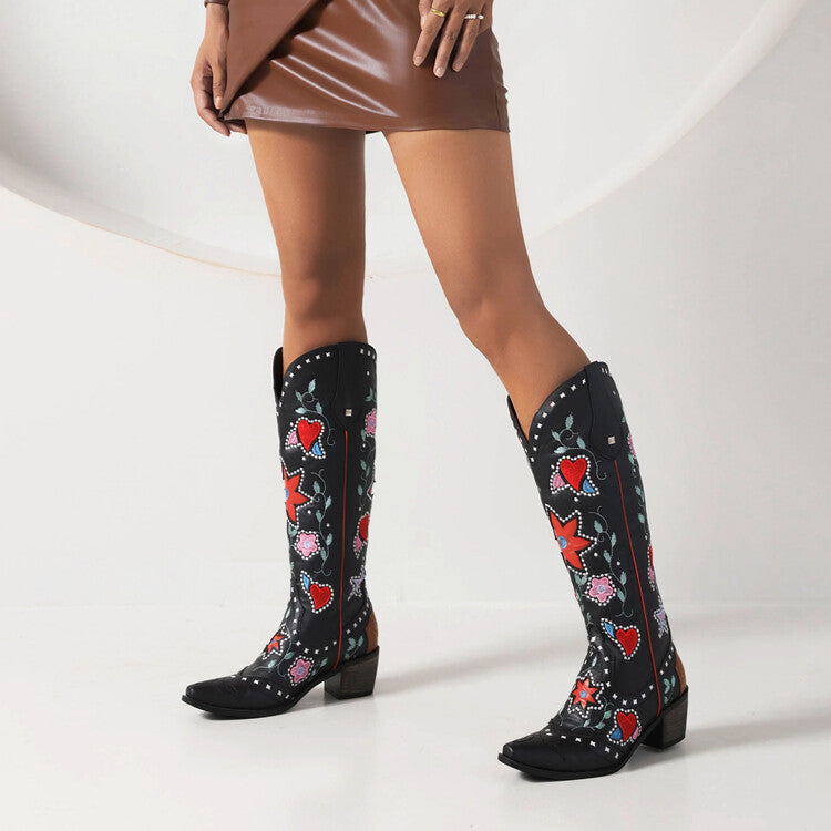 Women's Ethnic Love Hearts  Printed Low Heels Cowboy Mid Calf Boots