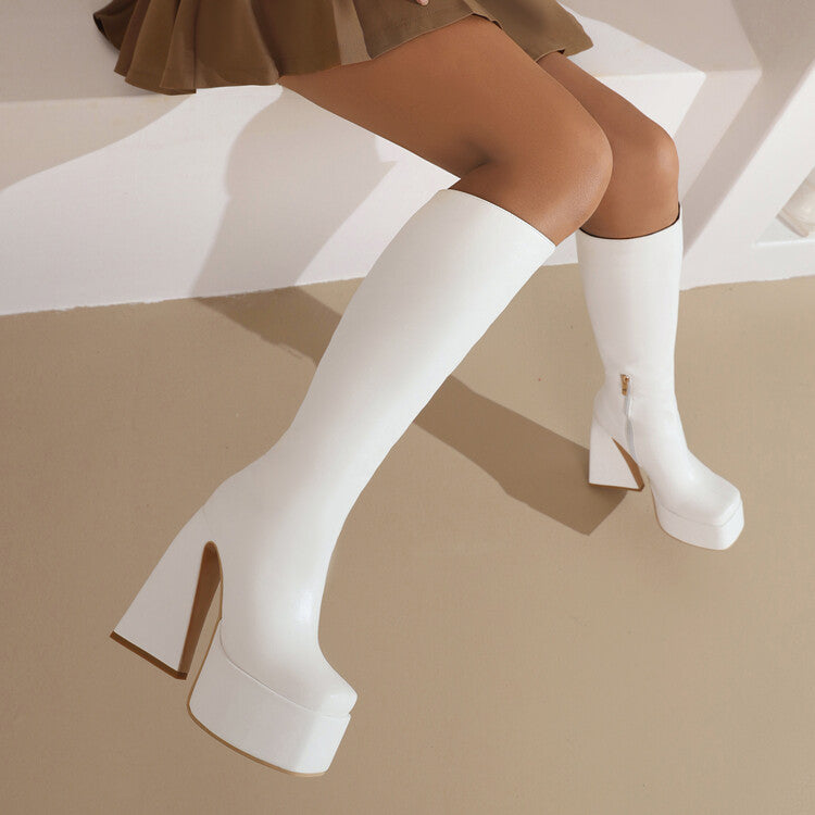 Women's Pu Leather Side Zippers Triangle Heel Platform Knee High Boots