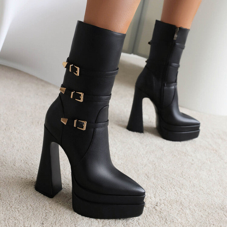 Women's Pointed Toe Buckle Straps Side Zippers Spool Heel Platform Mid Calf Boots