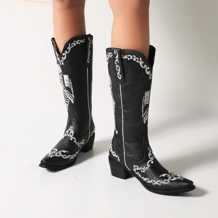 Women's Ethnic Pointed Toe Patchwork Embroidery Low Heels Knee High Boots