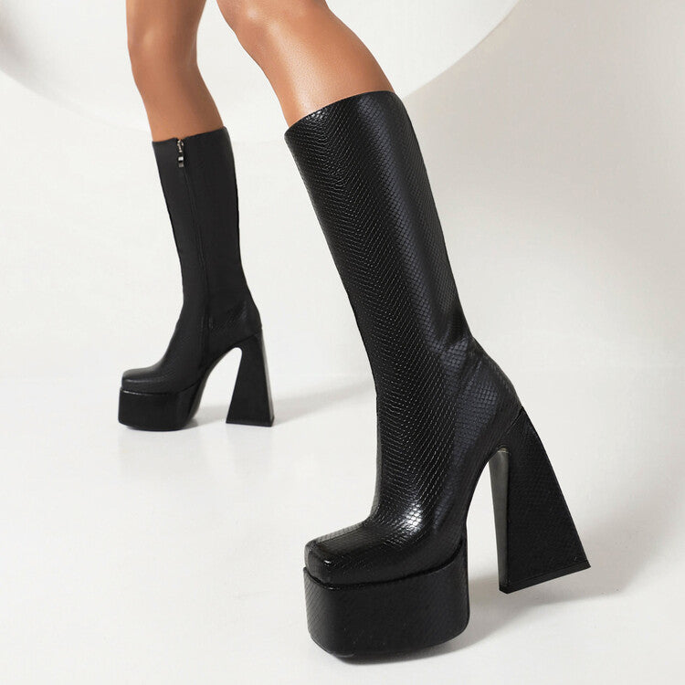Women's Square Toe Side Zippers Triangle Heel Platform Knee High Boots