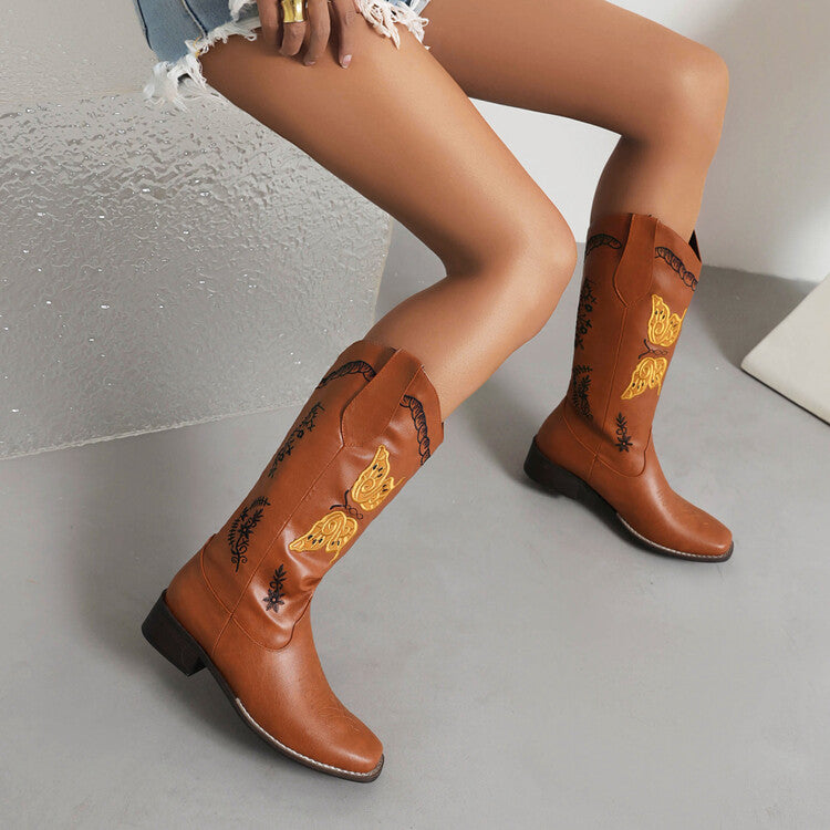 Women's Ethnic Embroidery Low Heels Cowboy Mid Calf Boots