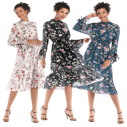 Chiffon Spring Summer Beam Waist with Flared Sleeves and Large Floral Skirt Women Dresses