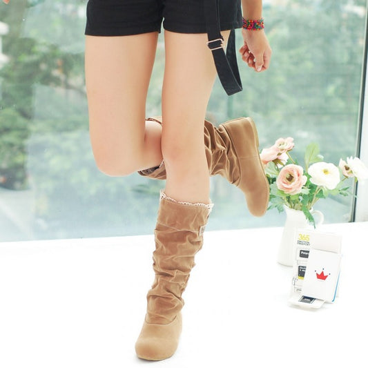 Suede Cotton Lacing Knee High Boots 2410