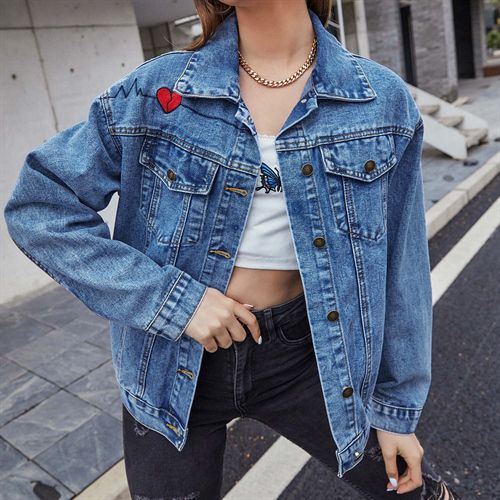 Fashion Turn-down Collar Pocket Embroidered Denim Women Jackets