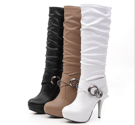 Rhinestone Belt Buckle High Heels Platform Tall Boots for Women 1292