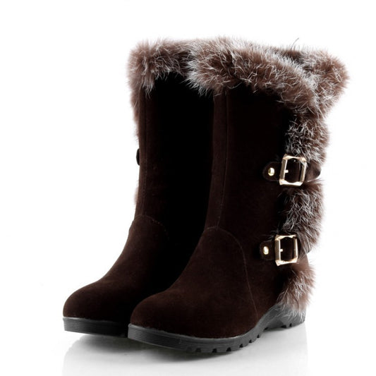 Rabbit Fur Buckle Wedge Snow Boots 5200