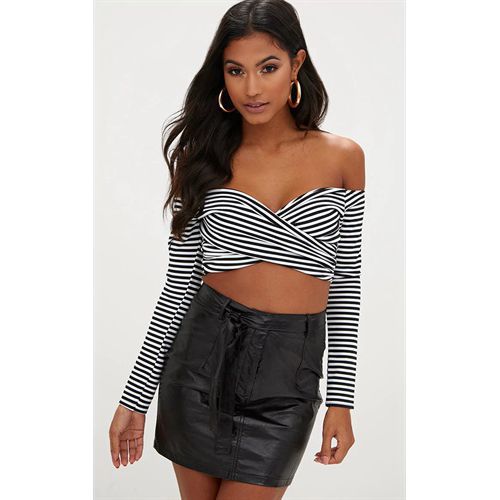 Off-shoulder Short Stripe Navel-baring Long Sleeves Women T Shirts