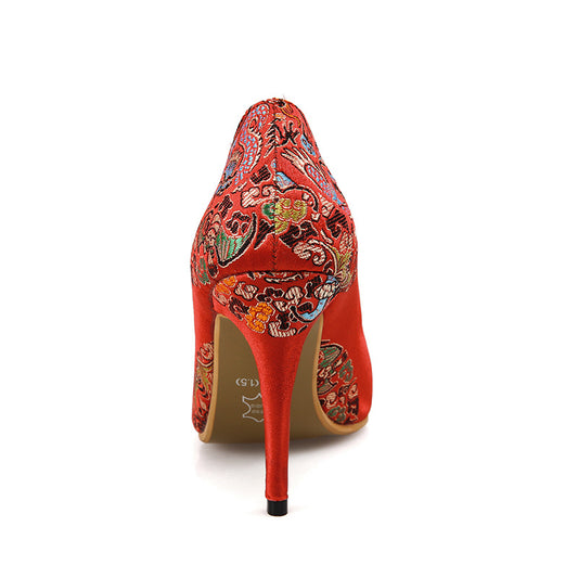Pointed Toe Flower Printed Red Pumps Women Stiletto High Heels Shoes 5806