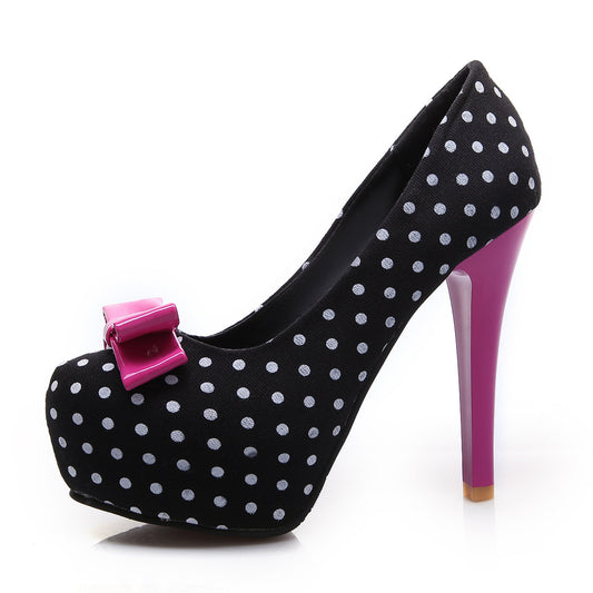 Polka Dot Bowtie Platform Pumps High Heel Shoes Woman 7273