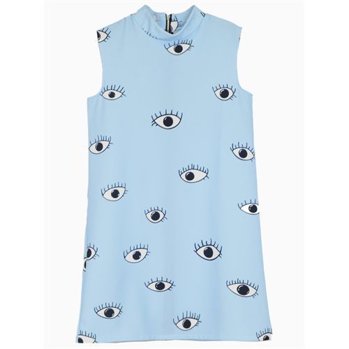 Round Collar Sleeveless Print Beam Waist Short Women's Dresses