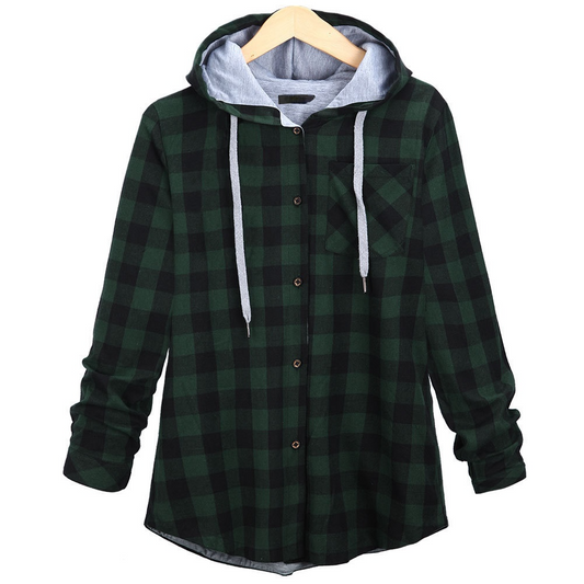 Casual Hooded Long Sleeve Drawstring Plaid Pattern Shirt Hoodie for Ladies 9540