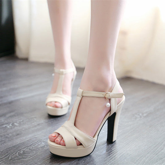 T Strap Platform Sandals Chunky High Heels Shoes Woman 7329