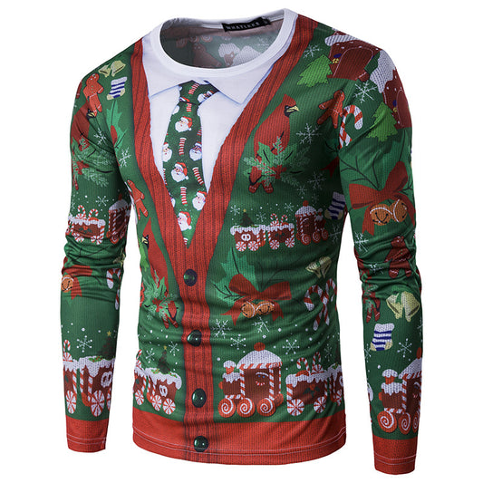 Christmas Tree 3D Fake Two-piece Tie Printing  Men's 3D Long-sleeved T-shirt