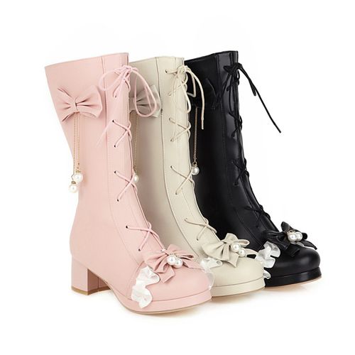 Women Pearl Bow High Heels Mid Calf Boots