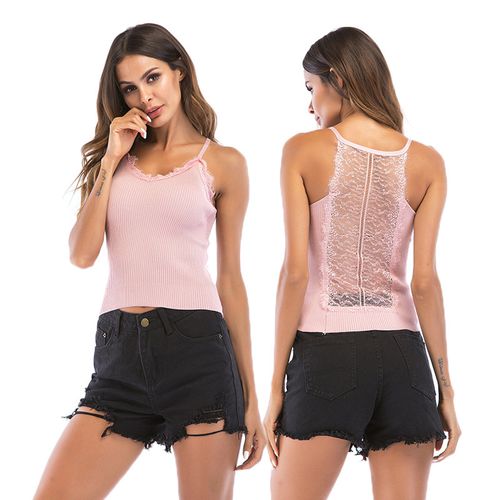 Summer V-neck Lace Stitching Short Trim Outer Wear Sling Tank Top for Girl