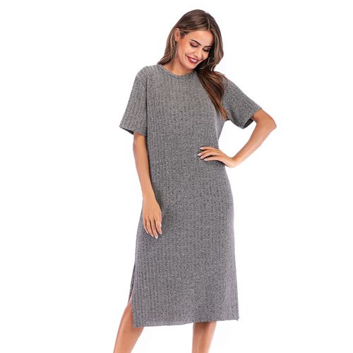 Simple Solid Short Sleeve Crew Neck with Wide Split Women Dresses